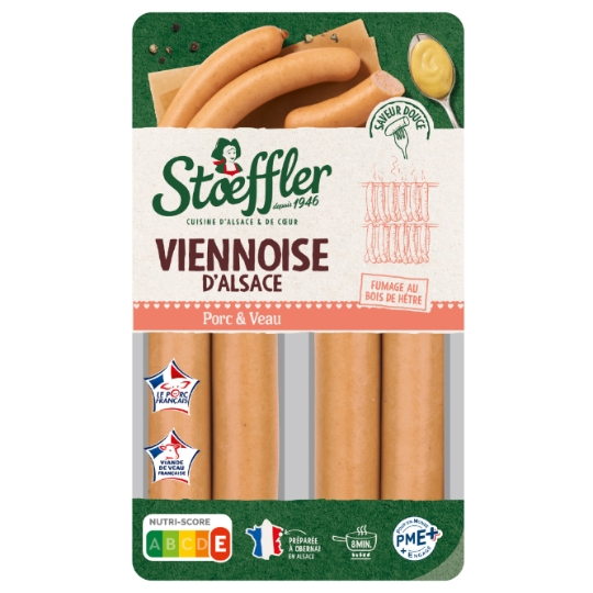 Saucisse Viennoise d'Alsace Porc & Veau Fumage au Bois de Hêtre Saveur Douce STOEFFLER
