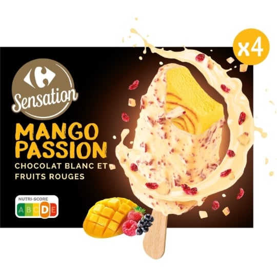 Glaces Bâtonnets Mangue Passion Chocolat Blanc et Fruits Rouges CARREFOUR SENSATION