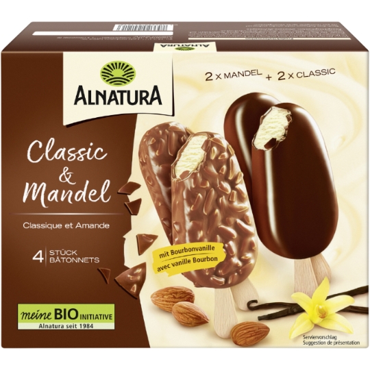 Glaces Bâtonnets Vanille Chocolat et Vanille Chocolat Amandes Bio ALNATURA