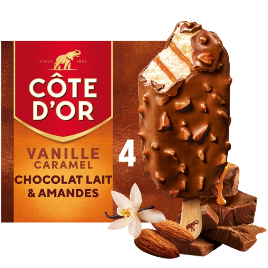 Glaces Bâtonnets Vanille Sauce Caramel Chocolat et Amandes COTE D'OR