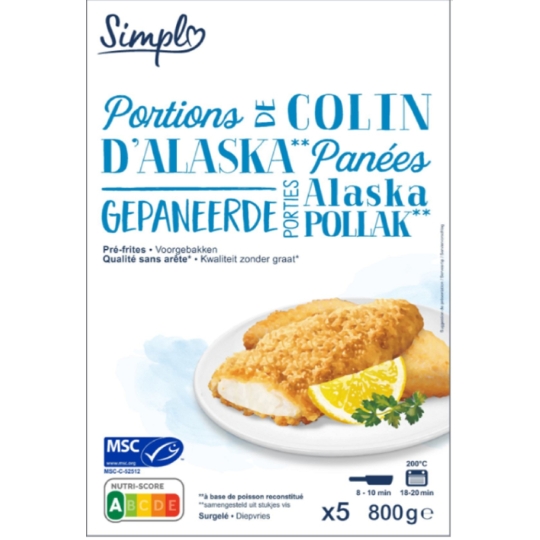 Portions de colin d'Alaska panées panées, pré-frites et qualité sans arête CARREFOUR