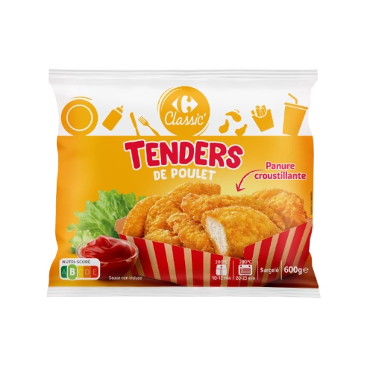 Tenders de poulet panés avec une panure croustillante, surgelés. CARREFOUR CLASSIC'