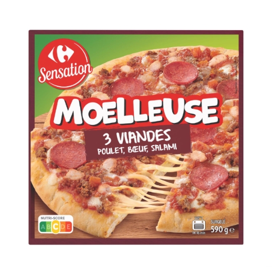 Pizza moelleuse 3 viandes poulet, bœuf, salami surgelée CARREFOUR SENSATION