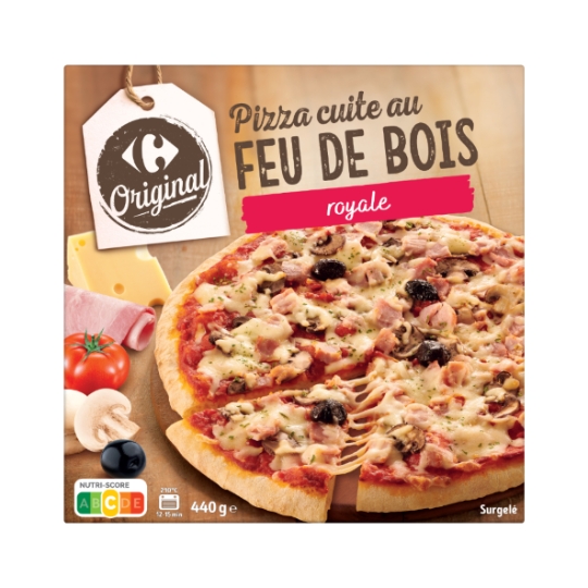 Pizza cuite au feu de bois royale au jambon cuit supérieur, champignons de Paris et maasdam CARREFOUR ORIGINAL