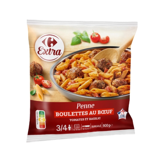 Plat préparé de mini penne, sauce tomate basilic et boulettes de viande bovine surgelé CARREFOUR EXTRA