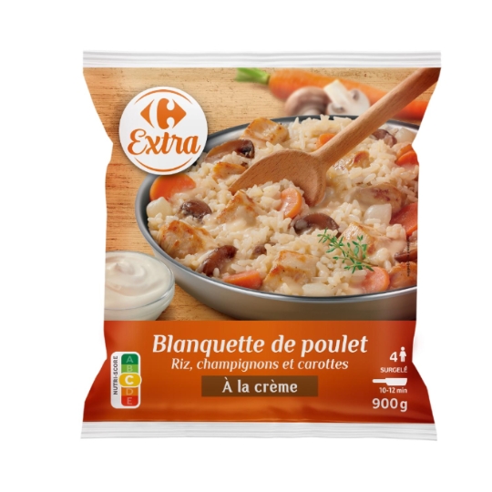 Blanquette de poulet, riz, champignons et carottes à la crème surgelée CARREFOUR EXTRA