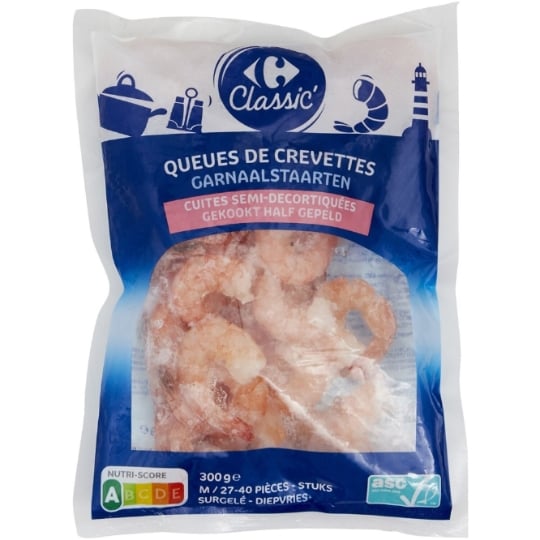 Queues de Crevettes Semi-Décortiquées Cuites ASC CARREFOUR CLASSIC'