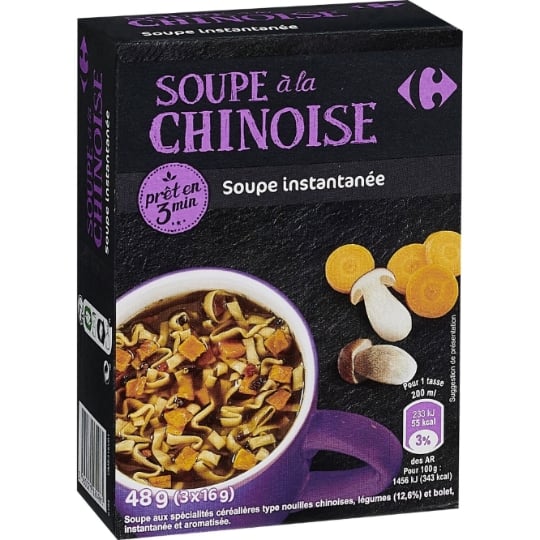 Soupe à la chinoise aux nouilles, légumes et bolet, instantanée et aromatisée CARREFOUR CLASSIC'