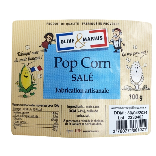 Pop Corn Salé sans OGM OLIVE ET MARIUS