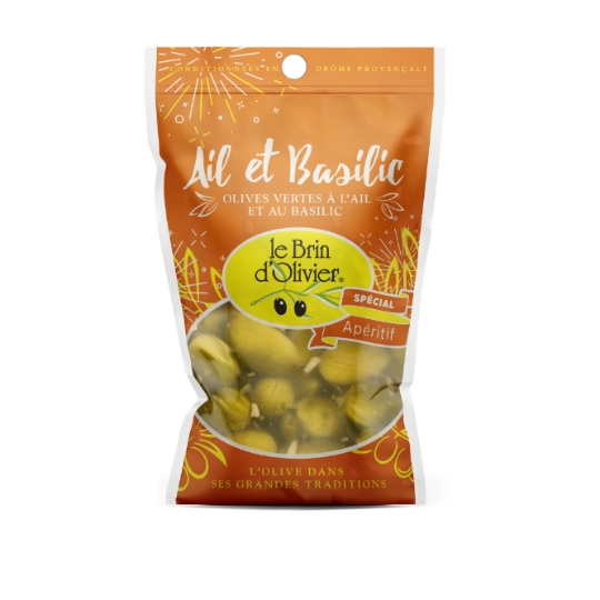 Olives Vertes Dénoyautées Ail Basilic LE BRIN D'OLIVIER