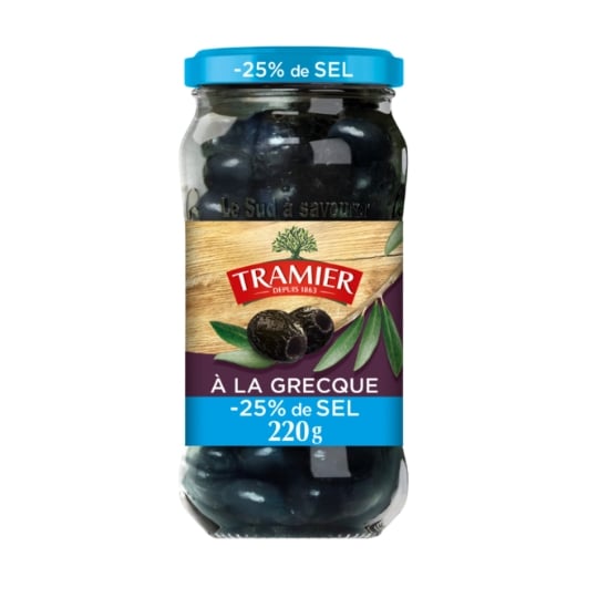 Olives Noires Dénoyautées à la Grecque -25% Sel TRAMIER