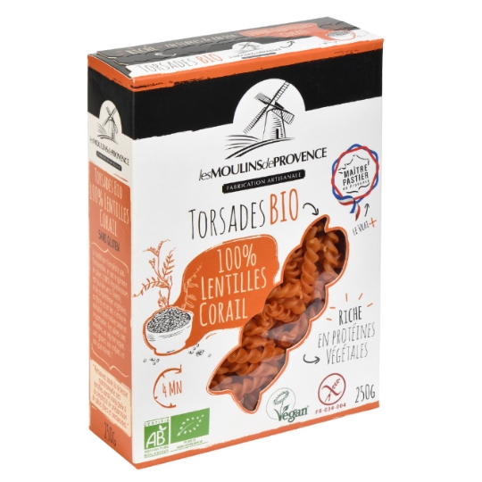Pâtes Torsades colorées lentilles corail bio sans gluten LES MOULINS DE PROVENCE