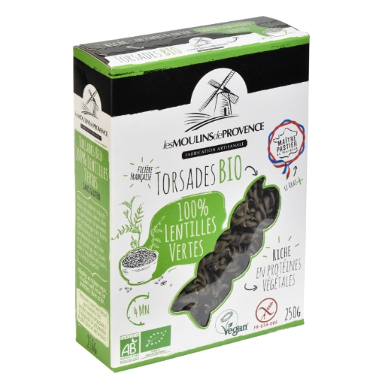 Pâtes de lentilles vertes bio torsades colorées, sans gluten LES MOULINS DE PROVENCE
