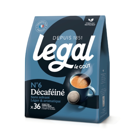 Café Dosettes Décaféiné sans solvant Intensité 6 Compatibles Senseo® LEGAL
