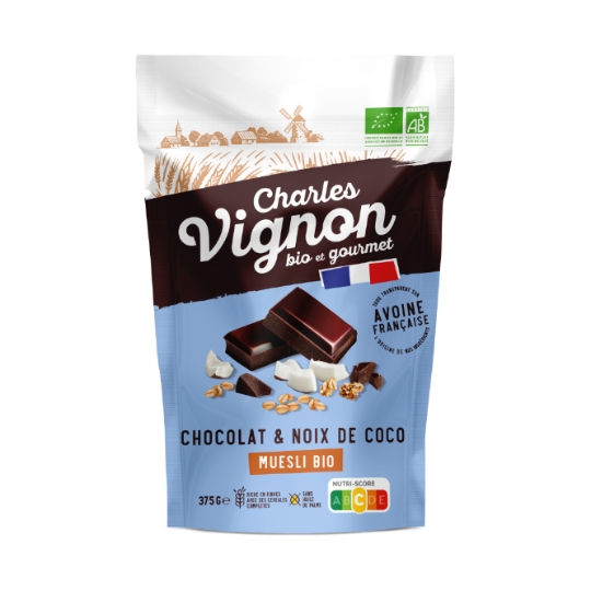 Céréales muesli pépites et flocons chocolat noix de coco Bio CHARLES VIGNON