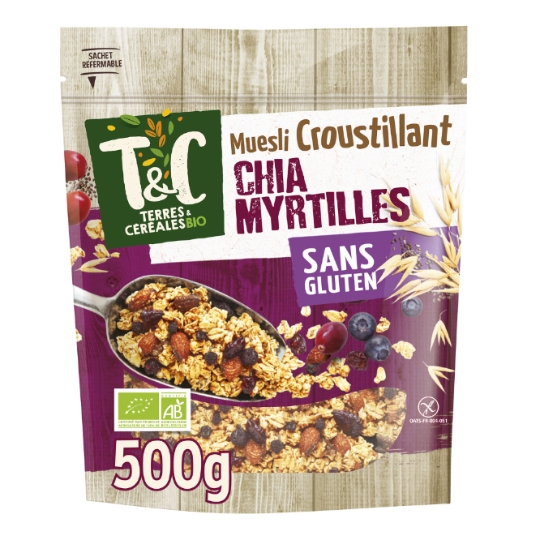 Céréales muesli croustillant graine de chia & myrtille sans gluten et sans huile de palme Bio TERRES & CEREALES BIO