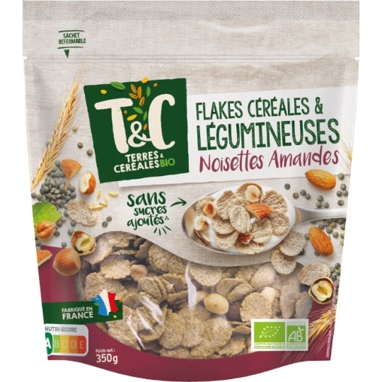 Céréales pétales de seigle et farine de lentilles, amande & noisette toastées sans sucres ajoutés Bio TERRES & CEREALES BIO