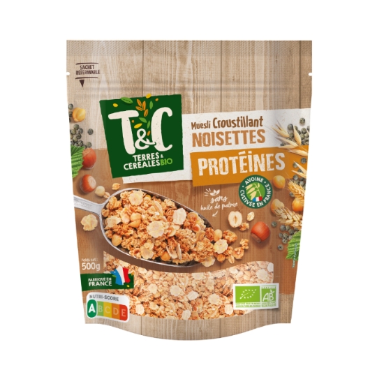 Céréales muesli croustillant protéiné noisette sans huile de palme Bio TERRES & CEREALES BIO