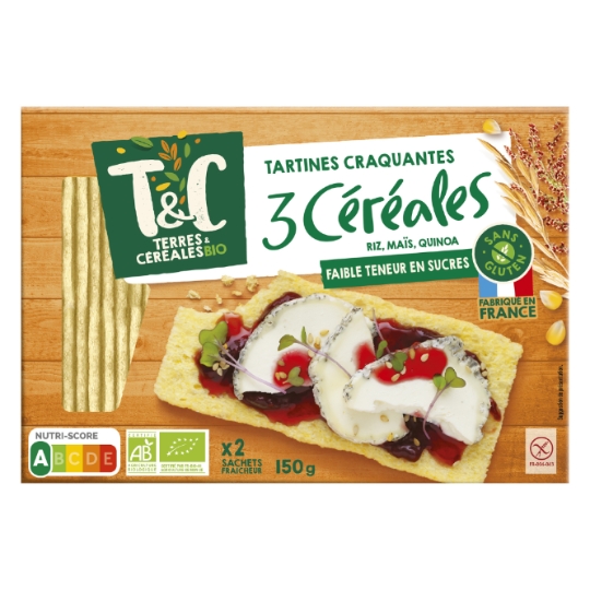 Tartines craquantes 3 céréales (riz, maïs, quinoa) sans gluten Bio TERRES & CEREALES BIO