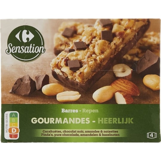 Barres Céréales Gourmande Cacahuète Chocolat Amande Noisette CARREFOUR SENSATION