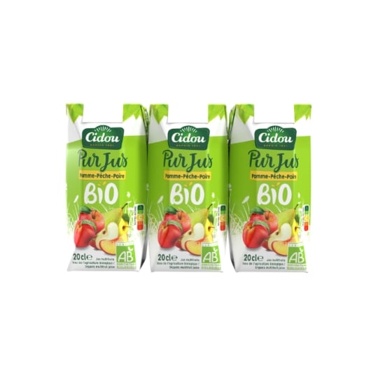Jus de Fruits Bio Pêche Poire Pomme CIDOU