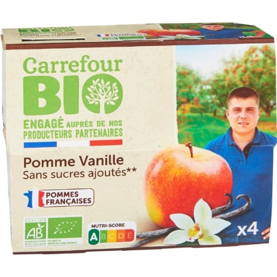Compote Pommes Vanille Sans Sucres Ajoutés Bio Engagé auprès des producteurs partenaires CARREFOUR BIO