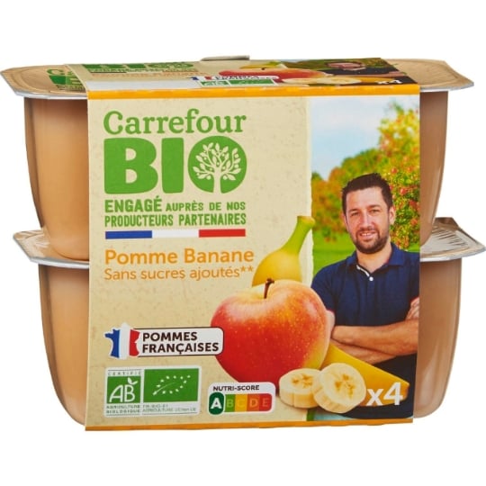 Compote Pomme Banane Sans Sucres Ajoutés Bio Engagé auprès des producteurs partenaires CARREFOUR BIO