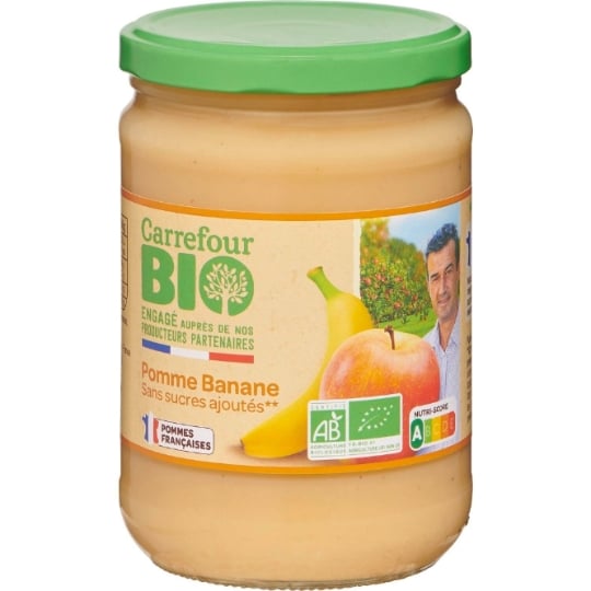 Compote Pomme Banane Sans Sucres Ajoutés Bio Engagé auprès des producteurs partenaires CARREFOUR BIO