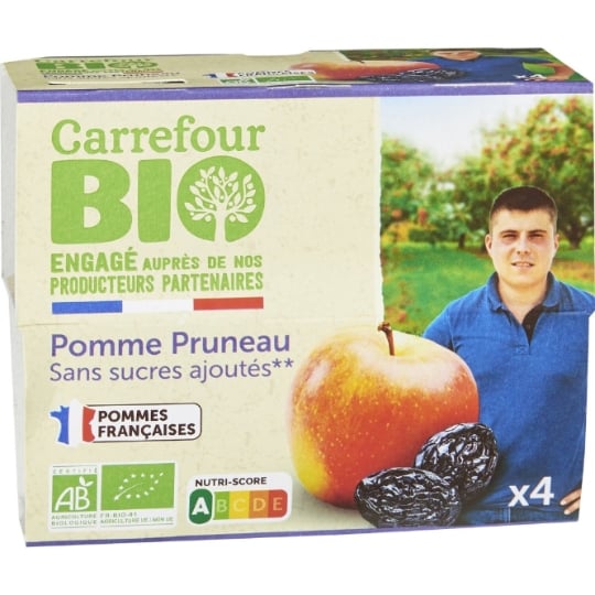 Compote Pomme Pruneau Sans Sucres Ajoutés Bio Engagé auprès des producteurs partenaires CARREFOUR BIO