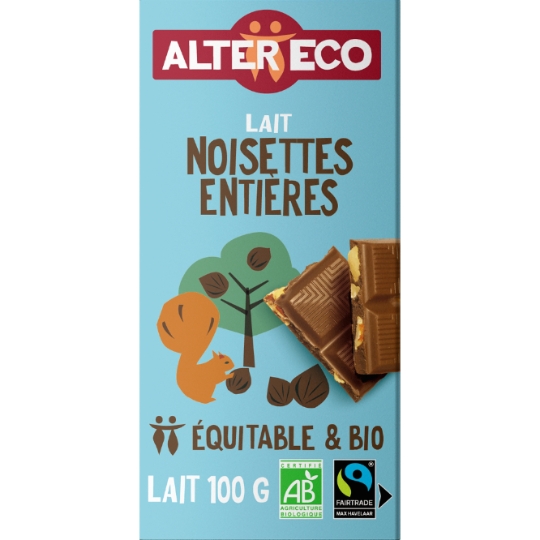 Chocolat au lait bio Lait noisettes entières ALTER ECO