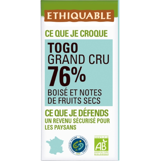 Tablette De Chocolat Noir 76% Cacao Togo Bio ETHIQUABLE