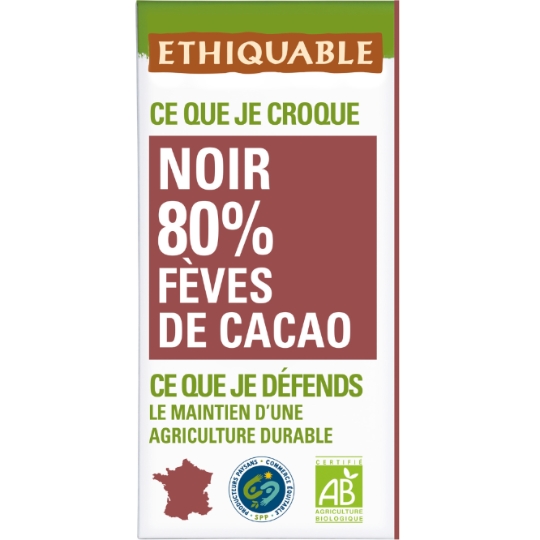 Tablette de Chocolat Noir 80% Fèves de Cacao Bio ETHIQUABLE