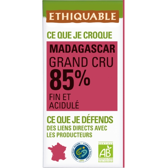 Tablette De Chocolat Noir 85% Cacao Madagascar Bio ETHIQUABLE