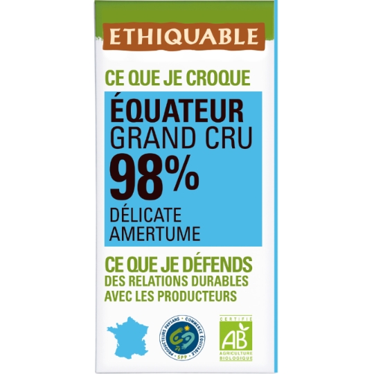 Tablette De Chocolat Noir 98% Cacao Equateur Bio ETHIQUABLE