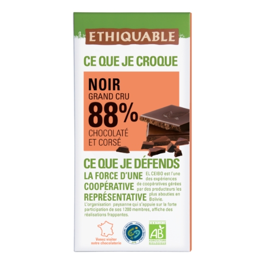 Tablette de Chocolat Noir 88% Cacao Bolivie Bio ETHIQUABLE