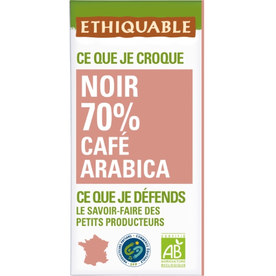 Chocolat noir 70% cacao café Arabica Pérou Bio ETHIQUABLE