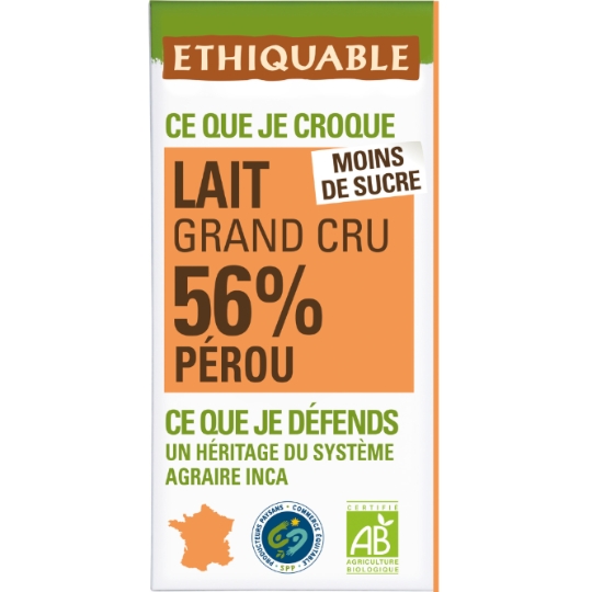Tablette De Chocolat Au Lait 56% Cacao Pérou Bio ETHIQUABLE
