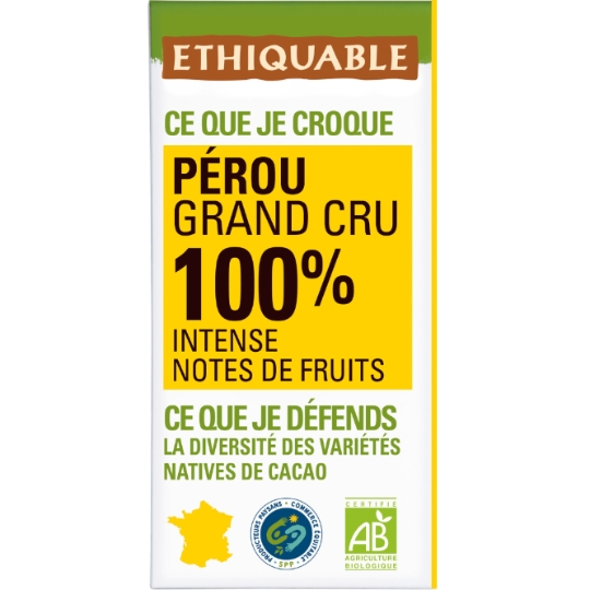 Tablette De Chocolat Noir 100% Cacao Pérou Bio ETHIQUABLE