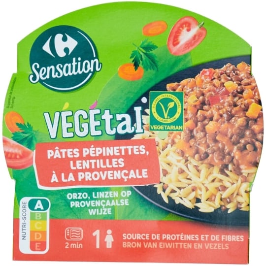 Plat cuisiné pâtes pépinettes lentilles CARREFOUR SENSATION