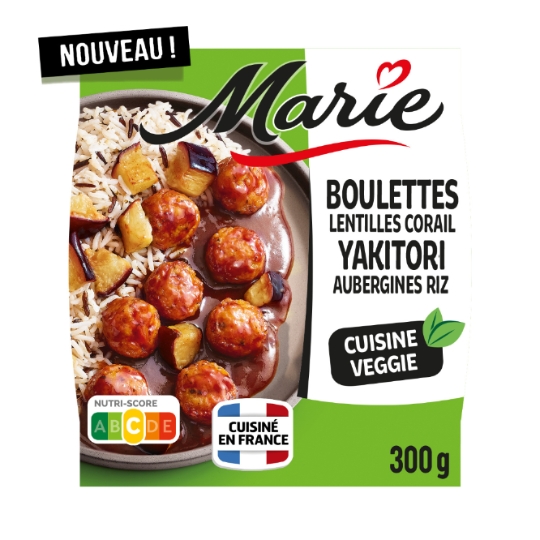 Plat Préparé Boulettes aux Lentilles Corail Sauce Yakitori Aubergine et Riz MARIE
