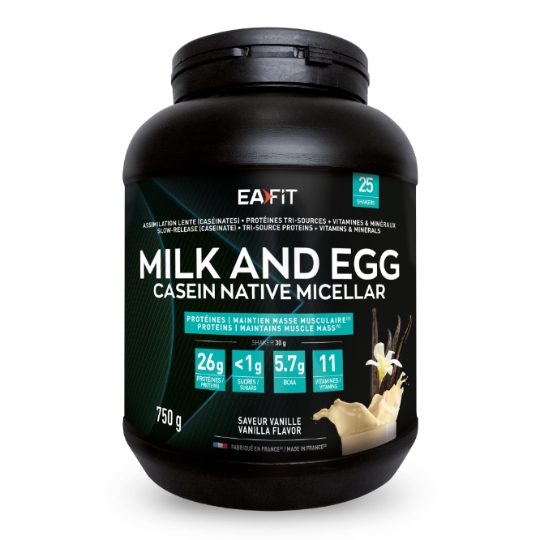 Proteine Milk et egg 95 Micellaire Saveur Vanille Maintien Masse Musculaire Assimilation Lente Casein EAFIT CONSTRUCTION MUSCULAIRE