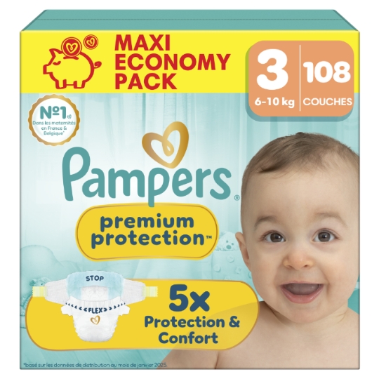 Couches Bébé 6-10kg Taille 3 Premium Protection PAMPERS