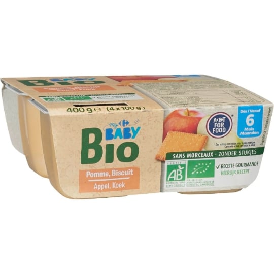 Aliment pour bébés bio, spécialité aux pommes et biscuits et sans morceaux CARREFOUR
