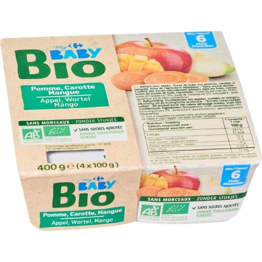 Compote bébé dès 6 mois Pomme Carotte Mangue Bio CARREFOUR BABY BIO