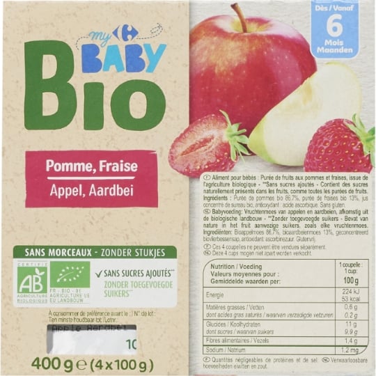 Compote bébé dès 6 mois Pomme Fraise Bio CARREFOUR BABY BIO