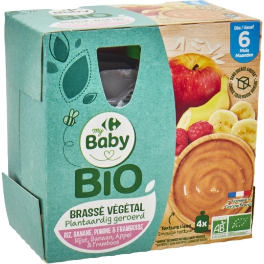 Dessert lacté bébé dès 6 mois Riz Banane Pomme Framboise Brassé Végétal Bio CARREFOUR BABY BIO