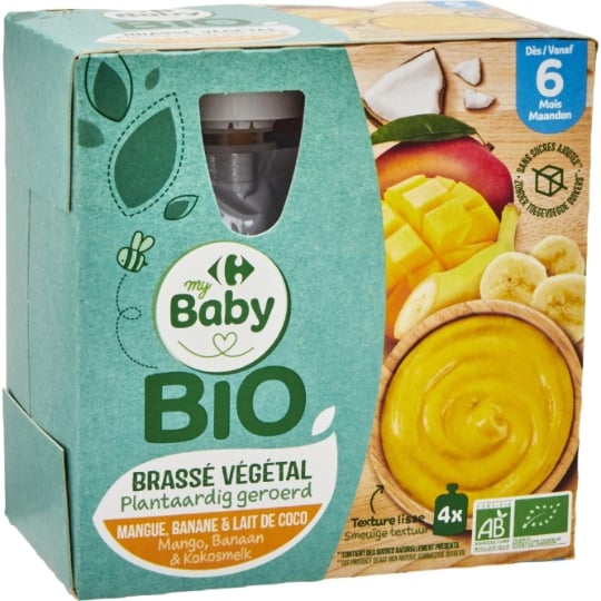Dessert lacté bébé dès 6 mois Mangue Banane Lait de Coco Brassé Végétal Bio CARREFOUR BABY BIO