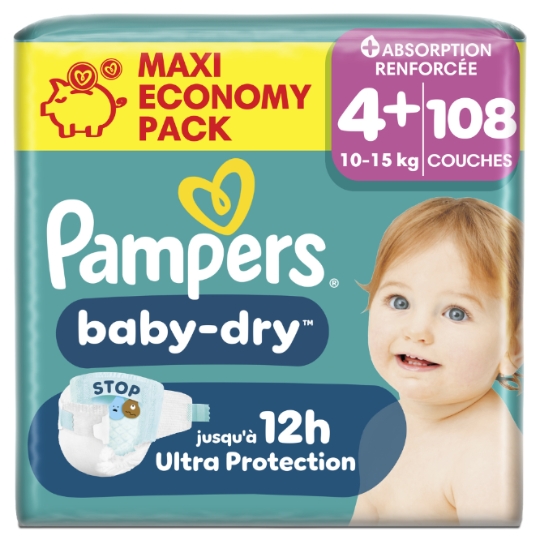 Couches Bébé 10-15kg Taille 4+ Baby-Dry PAMPERS