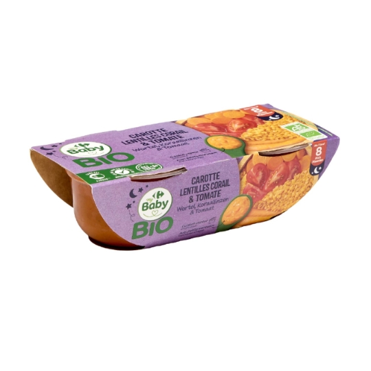 Plat cuisiné pour bébé bio, avec petits morceaux et cuisson vapeur CARREFOUR