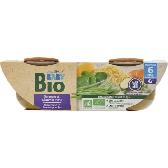 Plat bébé du soir dès 6 mois Semoule Légumes verts Bio CARREFOUR BABY